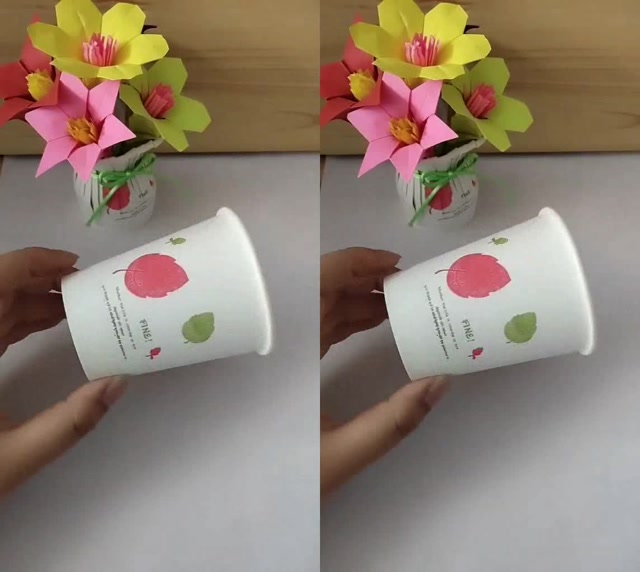 用过的纸杯不要丢,可以做成花瓶哟
