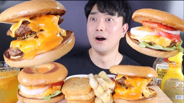 韩国吃播:芝士牛肉汉堡 土豆饼 薯条,大口大口地吃,太馋人了