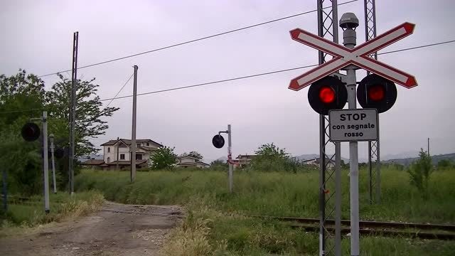 国外的铁路交叉口,两节车厢组成的列车缓慢通过