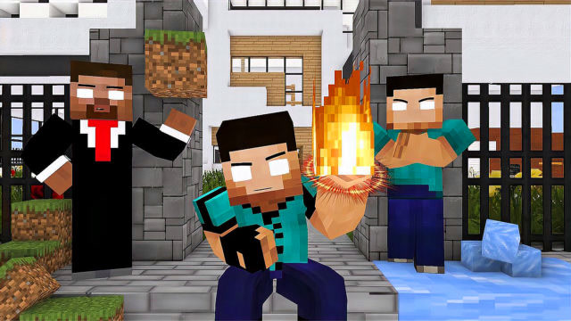 minecraft动画:元素之战,him元素三兄弟击败元素法师