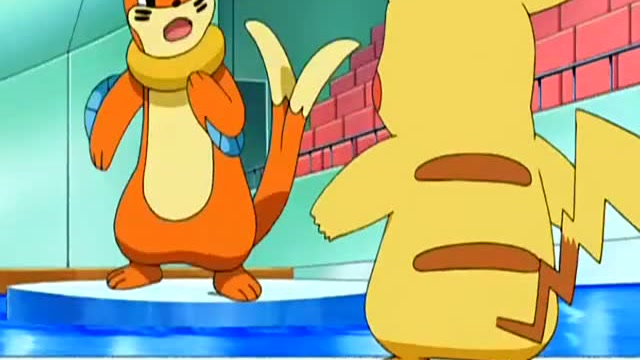 面对沼王小智只能收回嫩苗龟放出了叉尾浮鼬