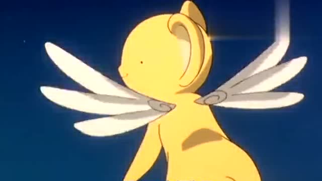 魔卡少女樱小樱坐着带翅膀的法杖飞上天了,好美