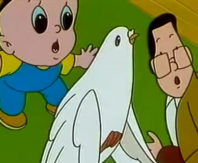 大头儿子发现了窗台上的小鸽子,把它带回了家