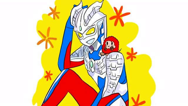 开心的赛罗奥特曼和他的宠物儿童卡通简笔画