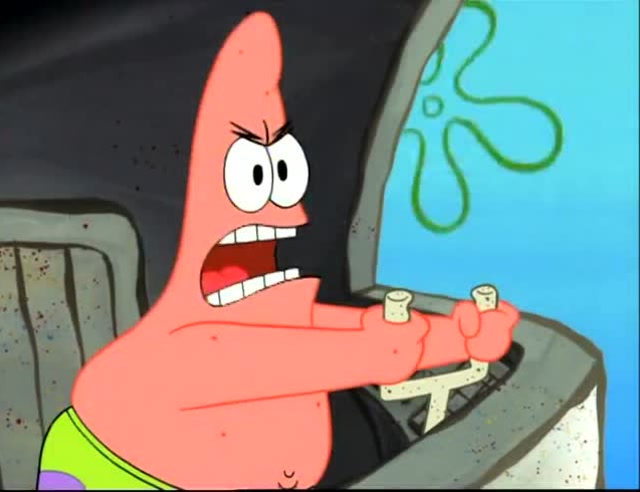 海绵宝宝对派大星发射了火箭,吓得派大星赶快跑!