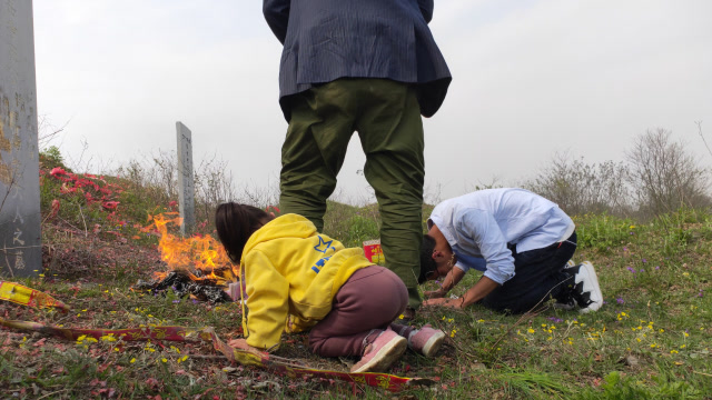 四姐一嫡亲清明上坟祭祖,家中几岁的小孩都来了,磕头太卖力啦!