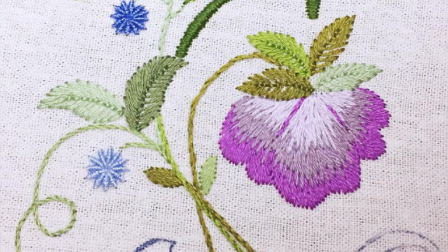 欧洲刺绣——用长短针绣绣朵紫色的大花,渐变色的真漂亮
