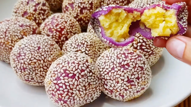 "紫薯芝麻球",掌握一个小技巧,不塌陷,不开裂,百分百成功