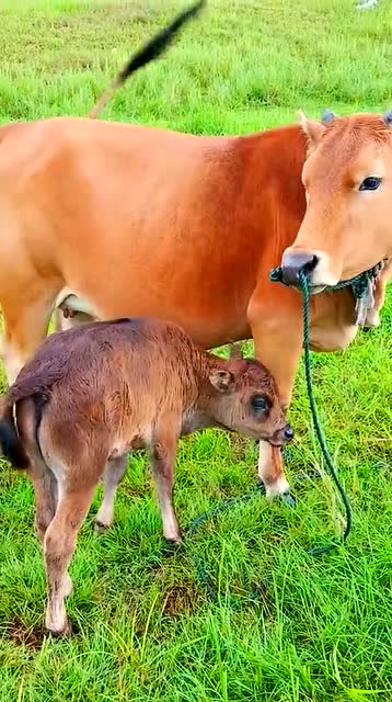 这小牛的颜色怎么和大牛不一样呀,真是是母子吗