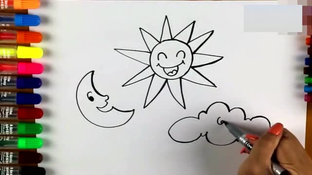 早教育儿简笔画,跟宝宝一起画太阳,月亮,白云