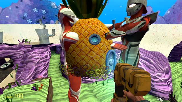 gmod:两个奥特曼在争夺菠萝城堡并把菠萝城堡融入体内