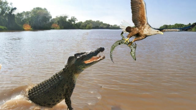 老鹰大战鳄鱼,不料中了老鹰的诡计,鳄鱼:竟然给我玩声东击西?