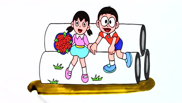 幼儿早教简笔画之大雄和静香的画法,美术基础学前教育!