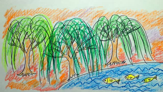 10.柳树-少儿彩笔绘画