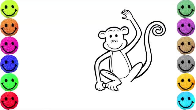 幼儿美术画可爱的猴子和飞翔的风筝并着色