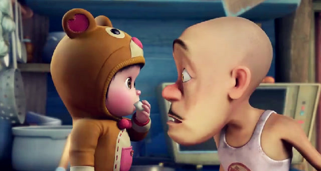 熊出没之夺宝熊兵,光头强被工具箱里小孩嘟嘟吓坏了!