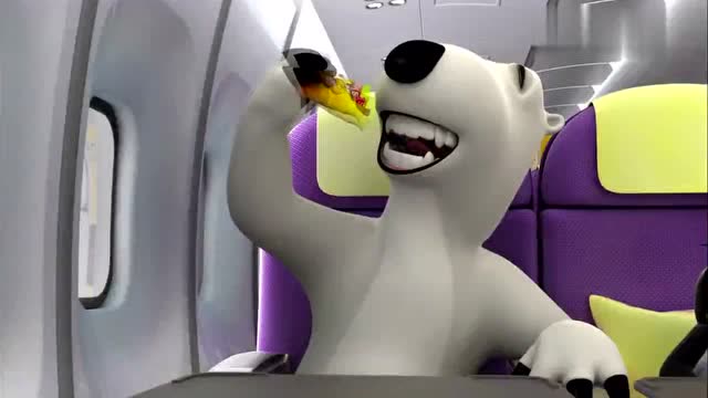 倒霉熊在飞机上吃东西很多而且很快,而小企鹅却细嚼慢咽