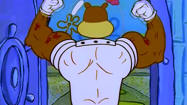 健身达人珊迪充满肌肉的健硕身体让海绵宝宝心生羡慕