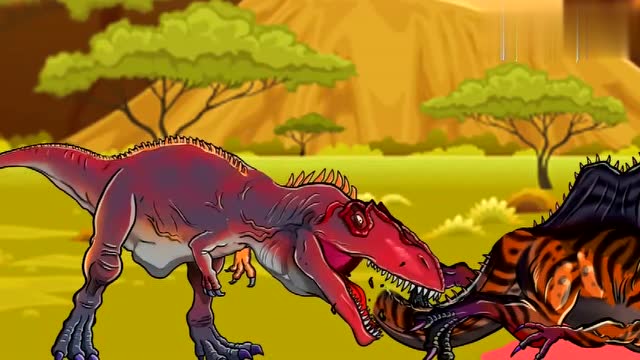 霸王龙咬断棘背龙尾巴 恐龙动漫