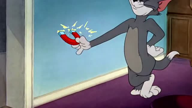 猫和老鼠:闪电被汤姆用磁铁吸附在墙壁上,做出各种姿势