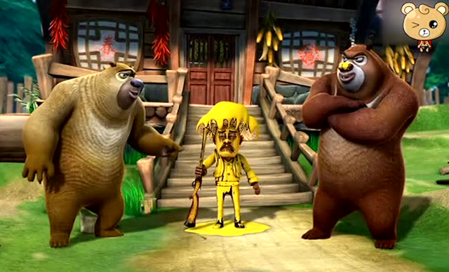 熊出没:熊熊们站在被油漆染成黄色的光头强面前