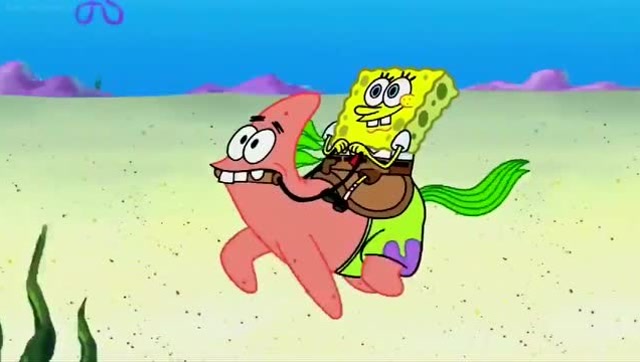 海绵宝宝骑着派大星一起奔跑,蟹老板的小阴谋失败了