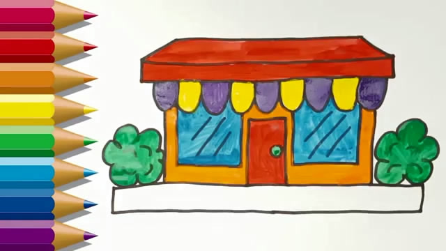 亲子涂色简笔画红色小超市