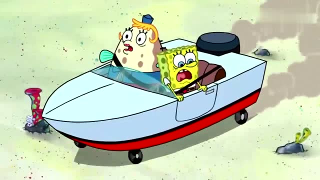 海绵宝宝的车技大概是学歪了,没有路就不知道怎么开车了