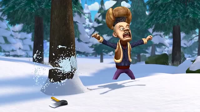 熊出没:光头强下雪天砍树,被熊大看到后,吓得帽子都要掉了!