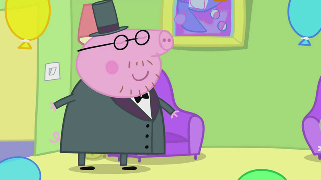 猪爸爸穿着西装来到了客厅,他闭着眼睛得意地笑着