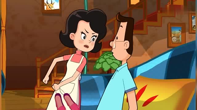 小头爸爸想把围裙妈妈的小鞋藏起来,大头儿子怕围裙妈妈生气