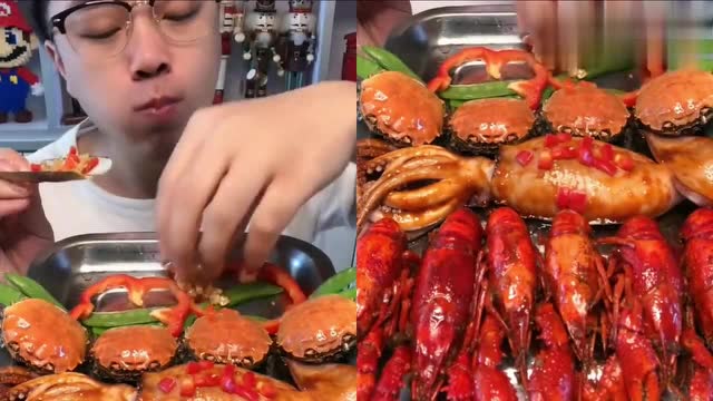小哥哥直播吃龙虾,八爪鱼,大闸蟹拼盘,恕我直言,向往的生活