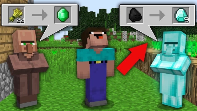 钻石村民想要建造屋子,史蒂夫帮助了它,获得了很多矿石材料