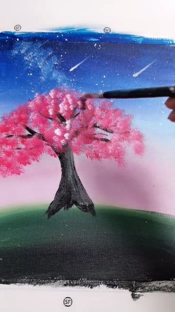 新手星空画樱花树图片