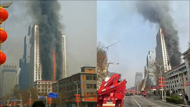 石家庄26层众鑫大厦整栋着火02燃烧物不断掉落