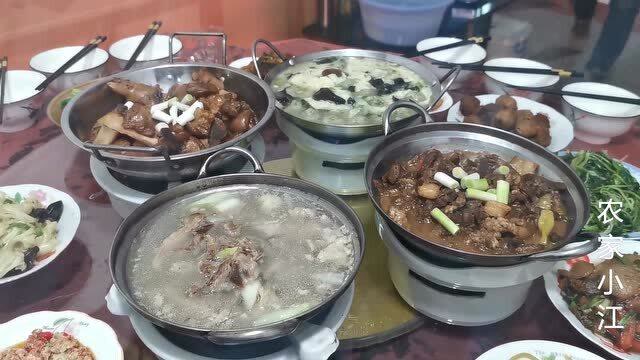 安徽农村二舅家吃饭,4个锅子10几个炒菜,3个妹妹,妹夫共同敬二舅妈一