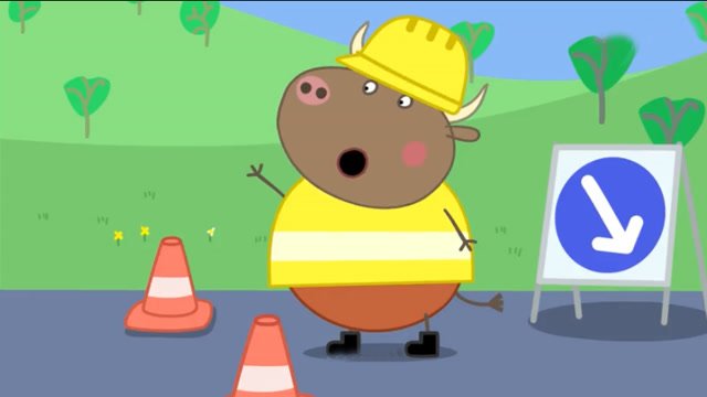 公牛先生在公路上拦下需路经修路段的车辆趣味卡通儿童简笔画