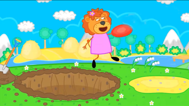 小狮子快乐地接飞盘没注意脚下的大坑,趣味卡通儿童简笔画