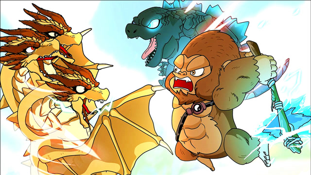 基多拉苏醒与baby哥斯拉和小金刚展开激烈战斗