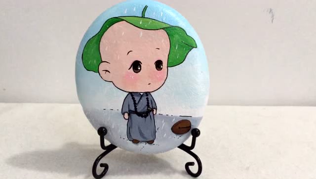 简单可爱的小和尚 diy手绘彩石石头画教程视频