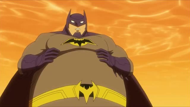 一只肥胖的蝙蝠侠与一群小丑交战