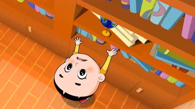 大头儿子想够柜子上的地球仪,可是太矮了,够不到,失望的走出房间