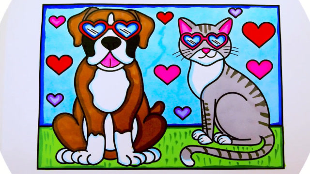 带着墨镜的小猫和小狗简笔画儿歌