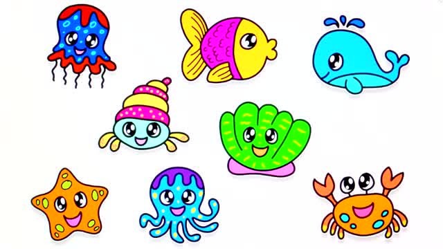 儿童彩绘:画小鱼八爪鱼螃蟹水母等海洋里的小动物 儿童简笔画