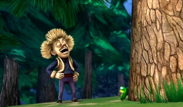 光头强把有泻药的小熊饼干放在树下,等着熊大来吃