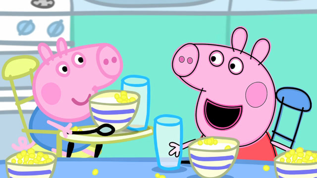 小猪佩奇和乔治吃早餐,佩奇准备去玩球