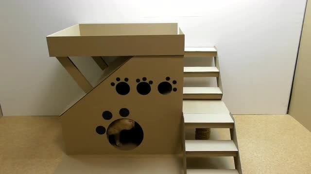 手工创意益智diy:猫屋升级!硬纸板简单改造成带楼梯的二层阁楼