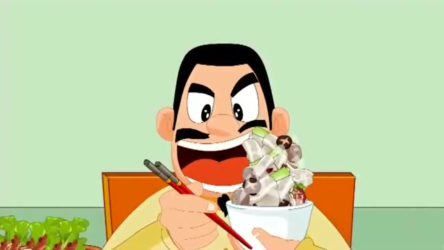 小头爸爸和大胃王比赛吃东西,在大头儿子的帮助下,终于赢了!