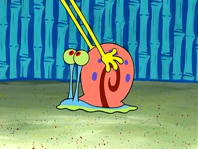 海绵宝宝:小蜗趴在地上,抬起眼睛看海绵宝宝跟他讲话