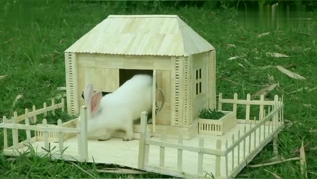 达人手工之木质宠物兔屋,屋子不算大,但外边有两个食槽哦